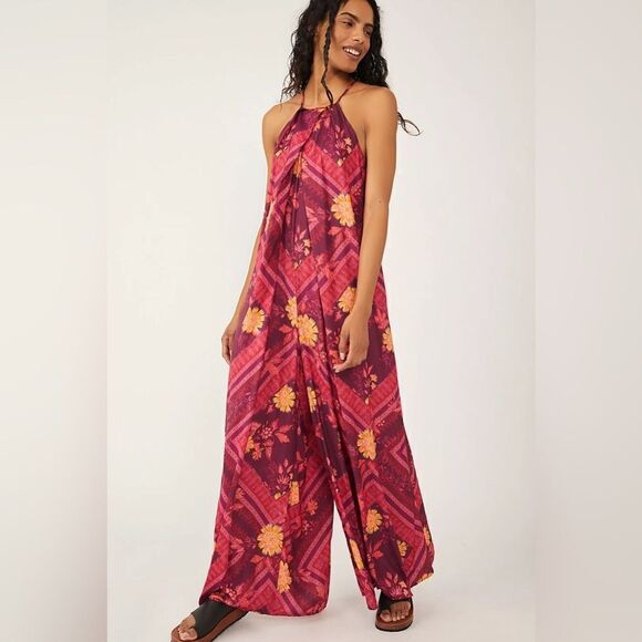 Free People NWT Luca Floral Halter Neck Wide Leg Jumpsuit size medium - Picture 1 of 4